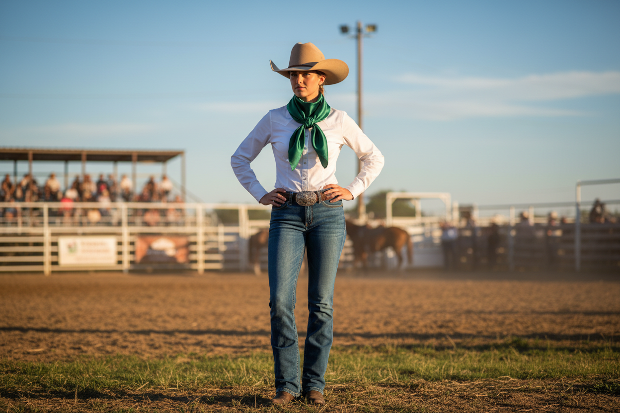 Forest green wild rag worn at outdoor rodeo with white western shirt and denim