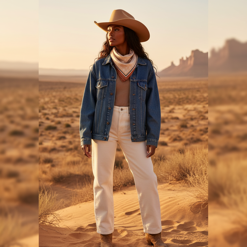 Woman wearing creamy tan paisley satin scarf as western bandana with denim jacket and cowboy hat cowgirl style