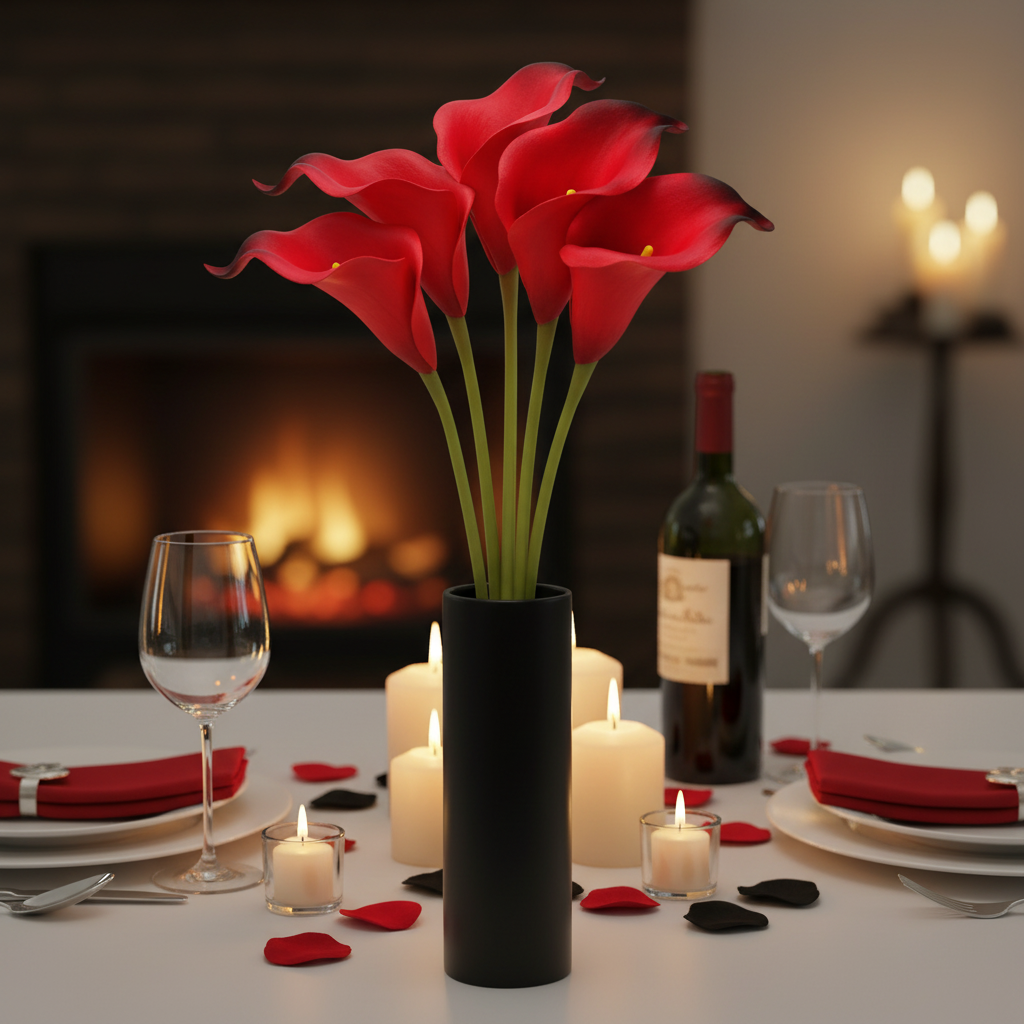 Cherry red black edge artificial calla lily stems in black vase on romantic Valentine's Day table with candles