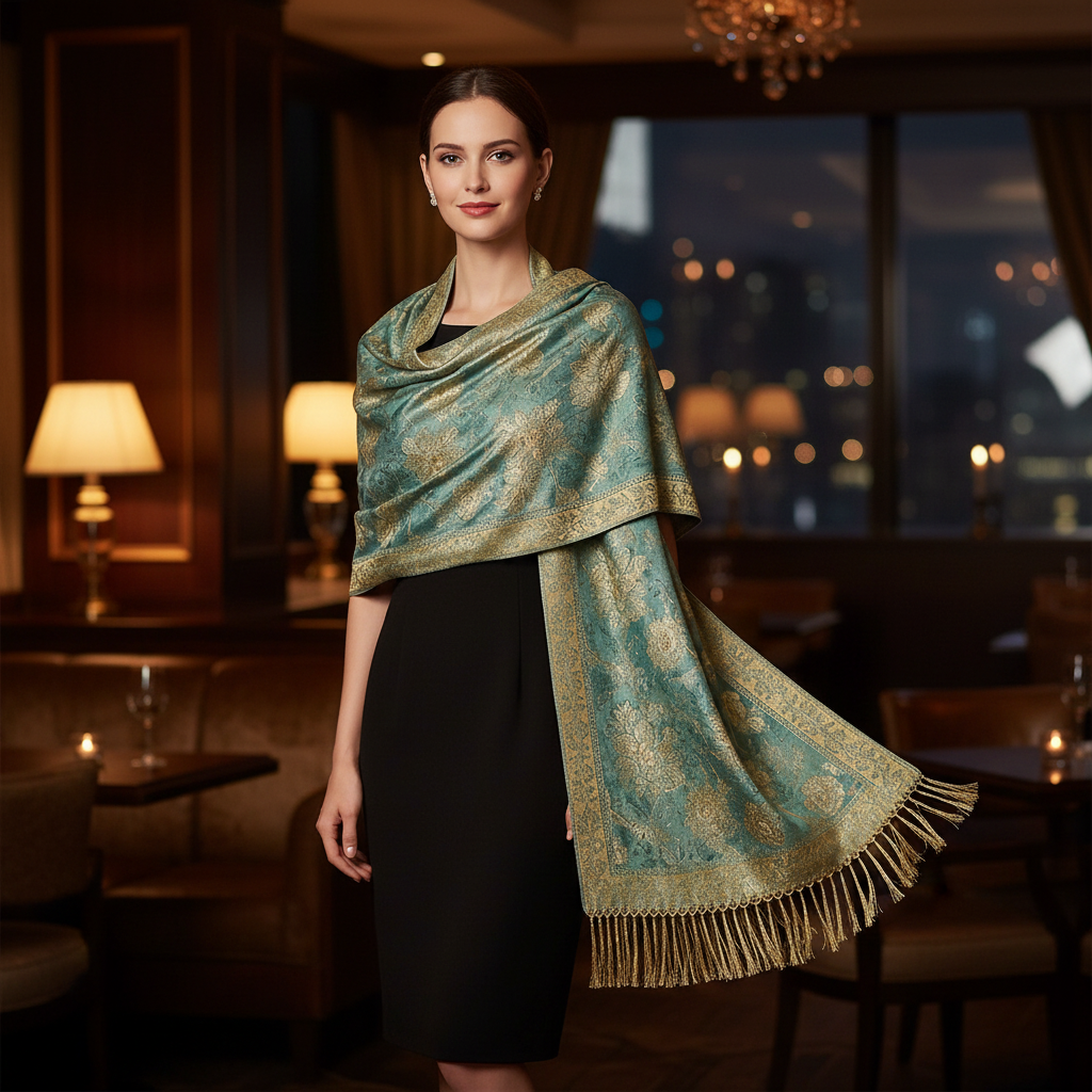 Woman wearing teal gold paisley jacquard shawl as evening wrap draped over shoulders with black dress