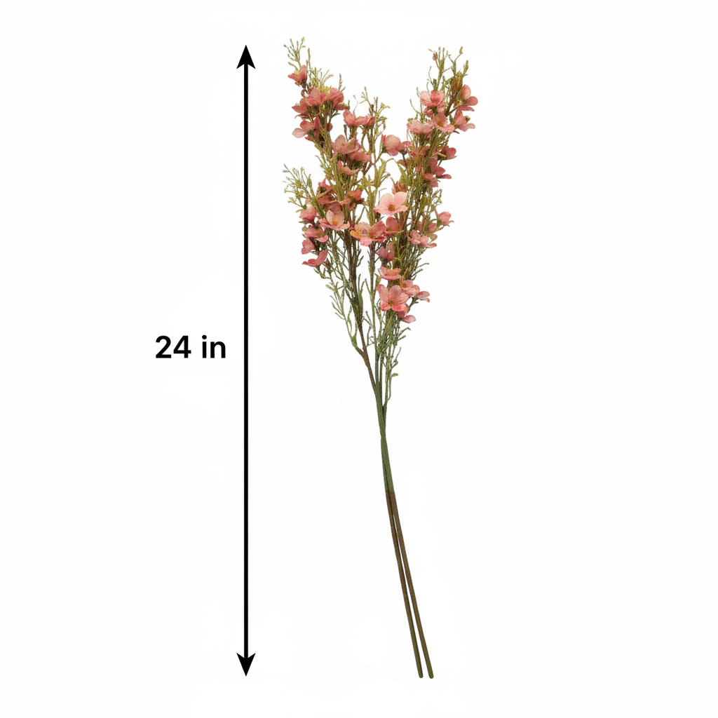 Artificial two-tone pink dogwood stems measurement diagram showing 24 inch height for 2 piece ombre wax flower set