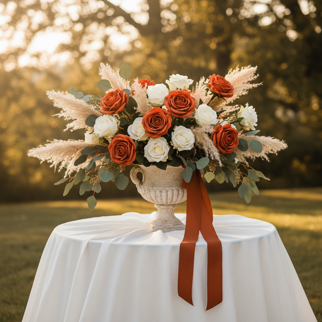 Artificial terracotta roses with cream roses, pampas grass, and eucalyptus in an aged stone pottery urn on a white linen-draped table in a soft golden hour outdoor garden setting