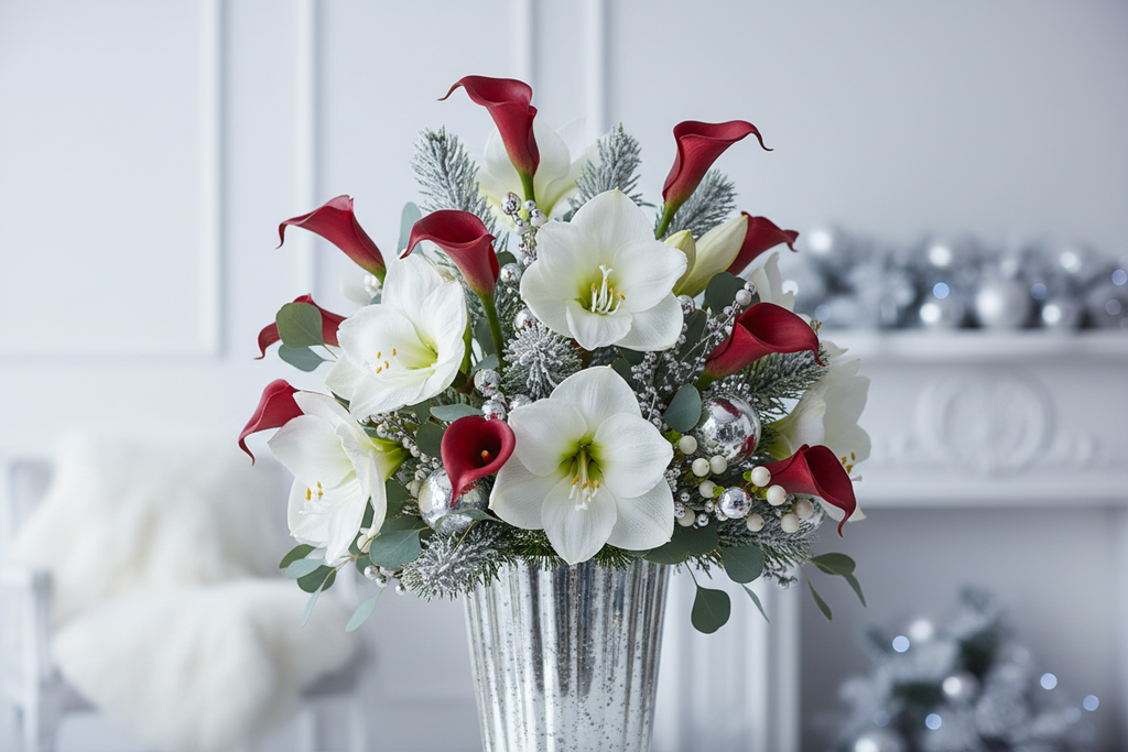 Red and white winter luxury Christmas centerpiece featuring deep true red artificial calla lily stems with white amaryllis, frosted pine, and pearl berries in a silver mercury glass vase