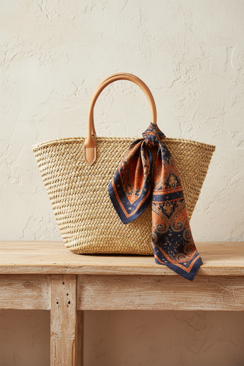 Navy rust paisley 26x26 square scarf draped as accent over natural straw beach bag handle with loose flowing knot