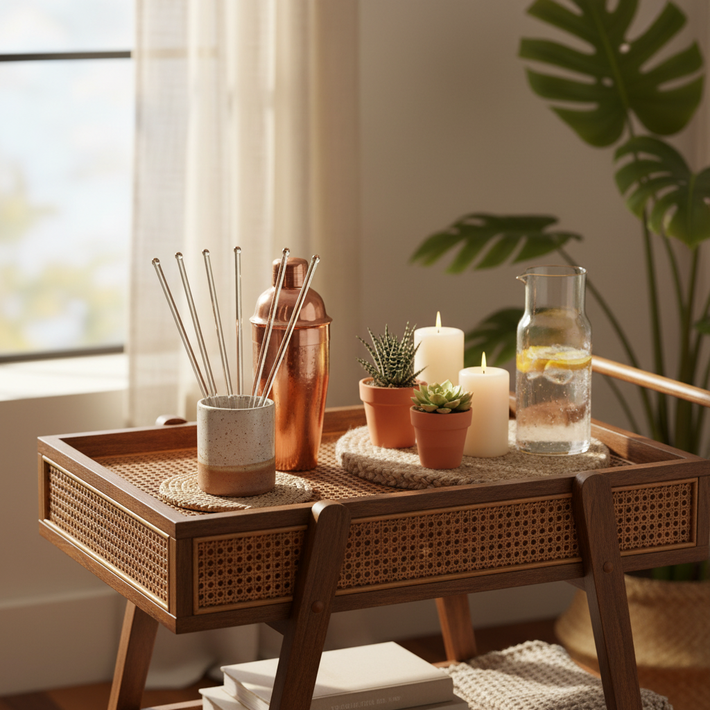 Clear glass cocktail stir sticks styled on a boho bar cart with rattan accents, candles, cocktail shaker, and succulents in warm golden light