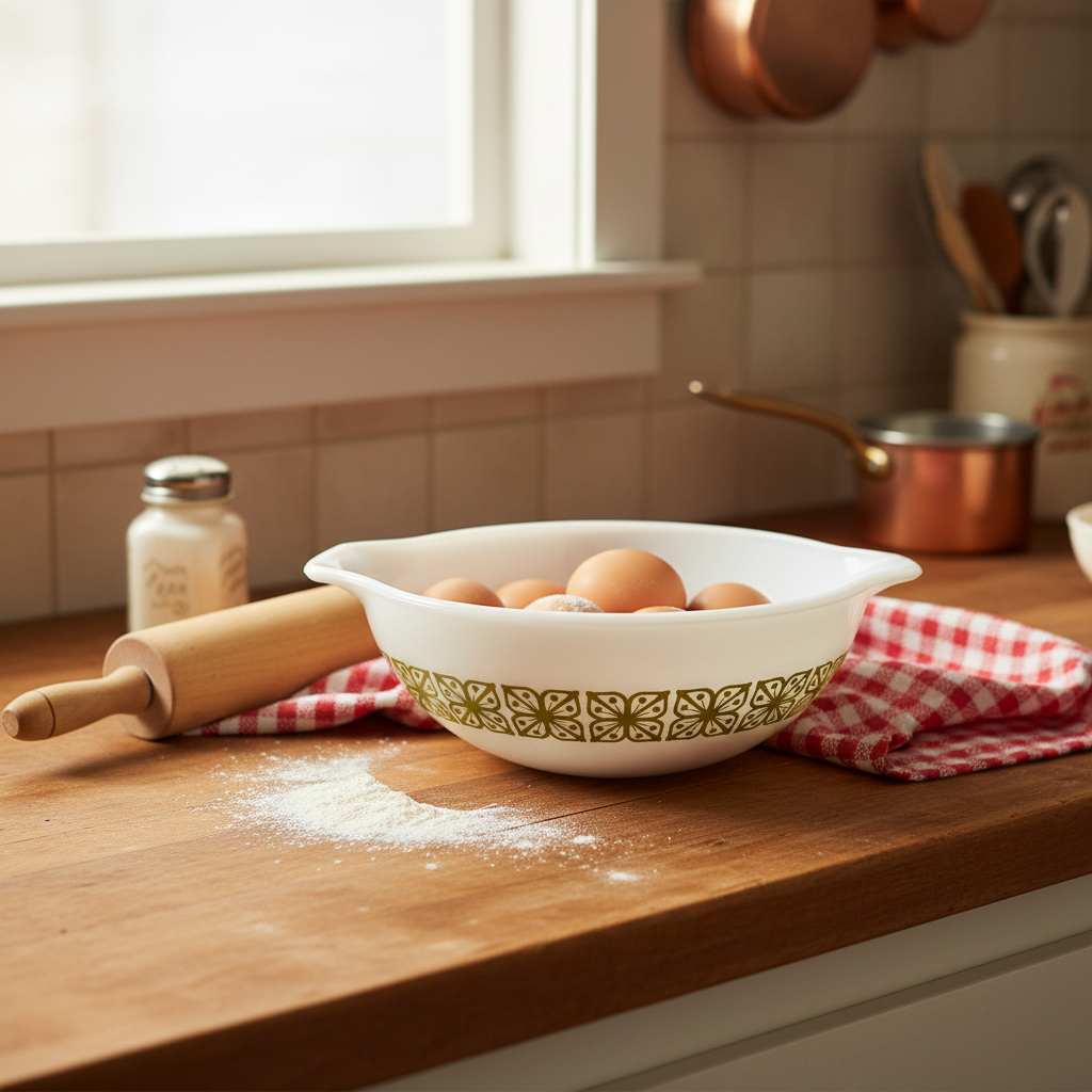Vintage Pyrex Cinderella bowl styled in rustic farmhouse kitchen with baking ingredients, mid century kitchen decor