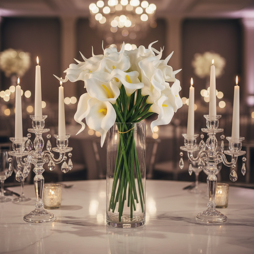 Elegant white faux calla lily stems in tall clear glass vase on marble table, wedding reception centerpiece with romantic lighting