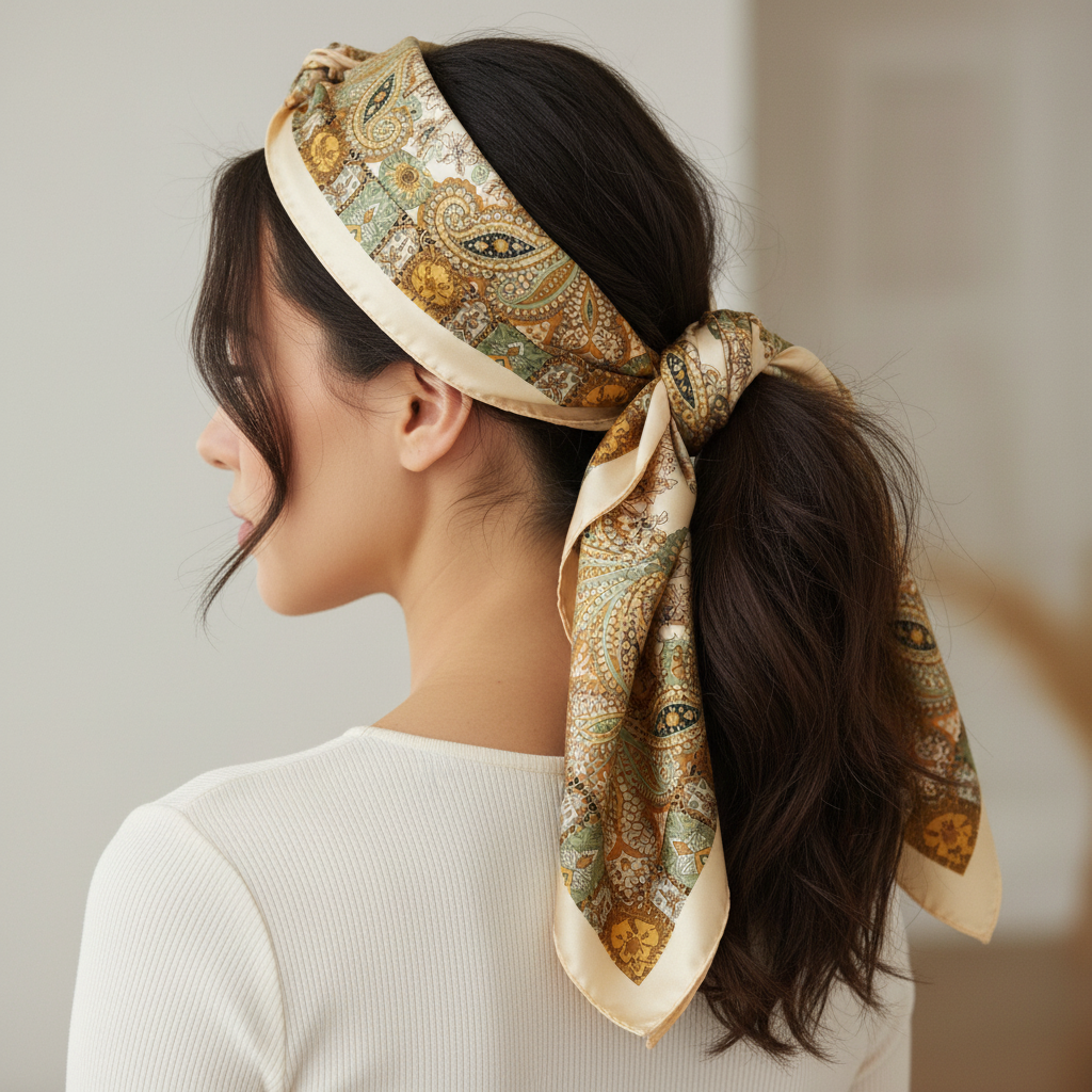 Woman with cream gold sage green paisley satin scarf tied around a ponytail as a chic hair wrap accessory