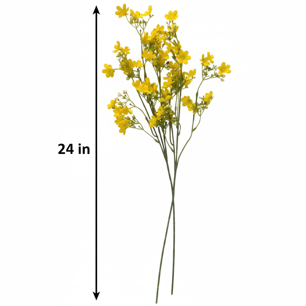 Artificial buttercup yellow dogwood stems measurement diagram showing 24 inch height for 2 piece faux wax flower spring decor set
