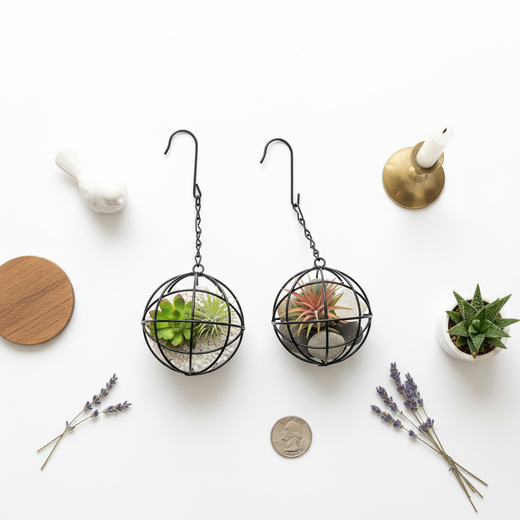 Flat lay of mini black metal wire sphere planters with succulents and decor showing compact 2.75 inch diameter