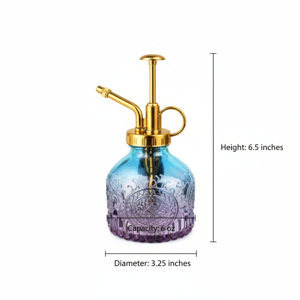 Measurement diagram of blue purple gradient glass plant mister showing 6.5 inches height, 3.25 inches diameter, 6oz capacity with black dimension lines
