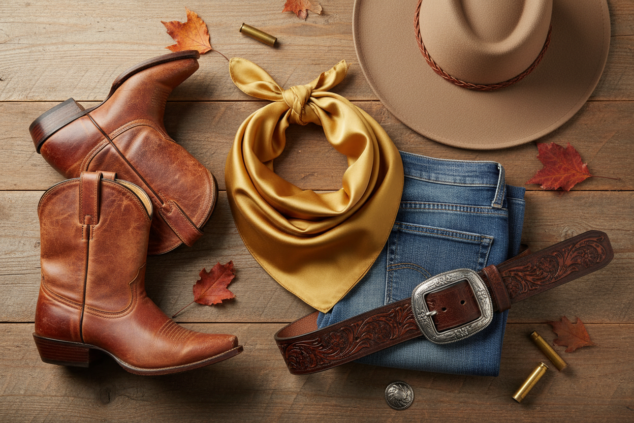 Flat lay of mustard gold wild rag scarf with cowboy boots, leather belt, denim, and western hat