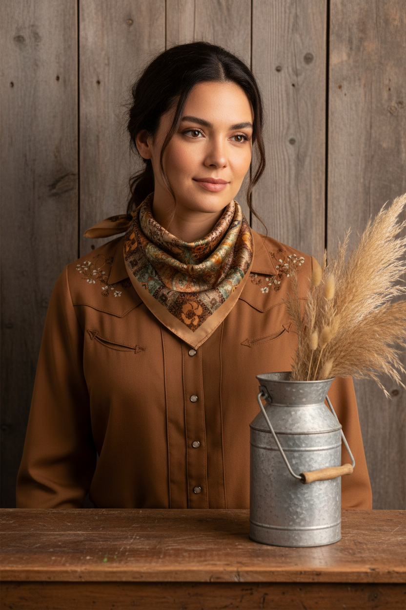 Camel tan satin paisley square scarf tied as western neck scarf on woman in barn wood setting