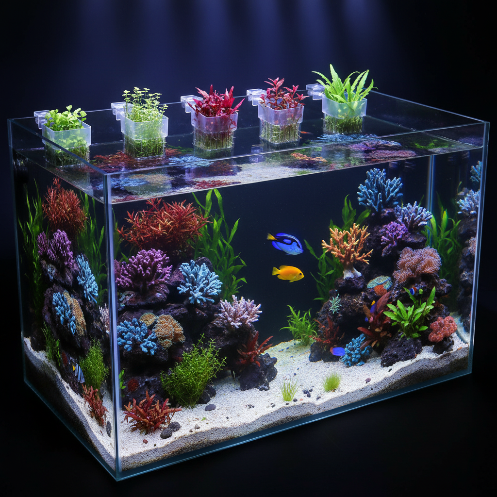 Multiple clear plastic aquarium plant baskets clamped along the inside glass edges of a large show aquarium with colorful tropical fish coral and lush aquatic plants