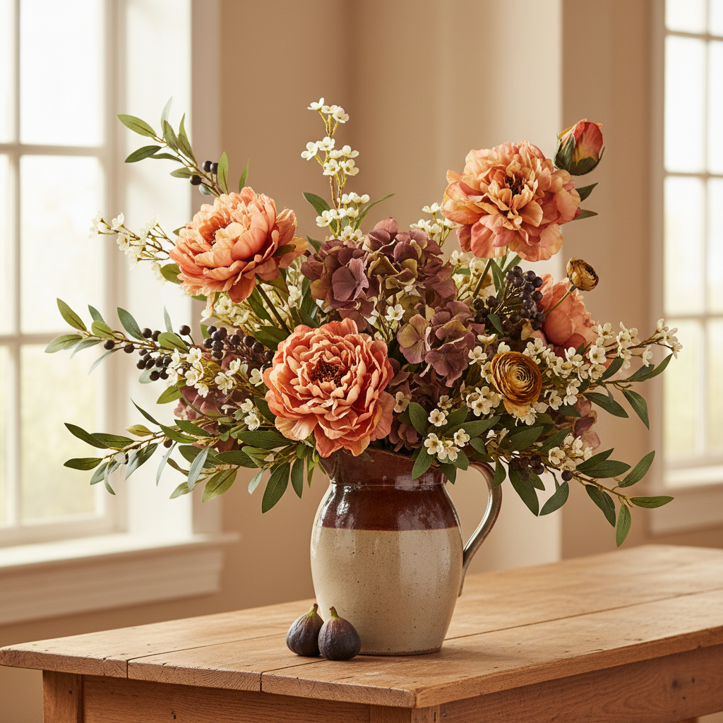 Peach coral faux peony stems arranged in an aged French country stoneware pitcher with antique mauve hydrangea, muted gold ranunculus, cream waxflower, fig berry sprays, and olive eucalyptus, bright French country interior autumn floral arrangement
