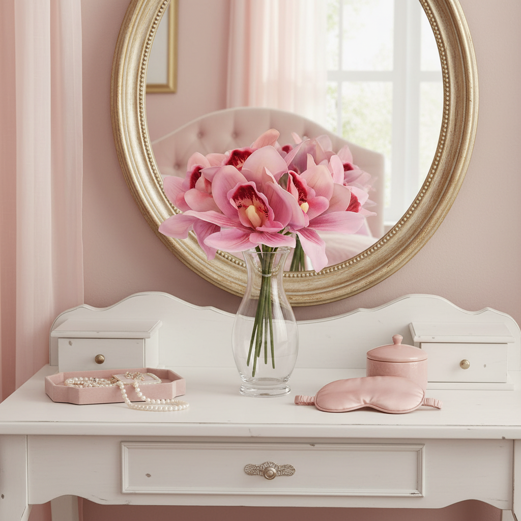 Soft pink Cymbidium orchid bouquet on feminine vanity table with mirror and pearl jewelry boudoir styling