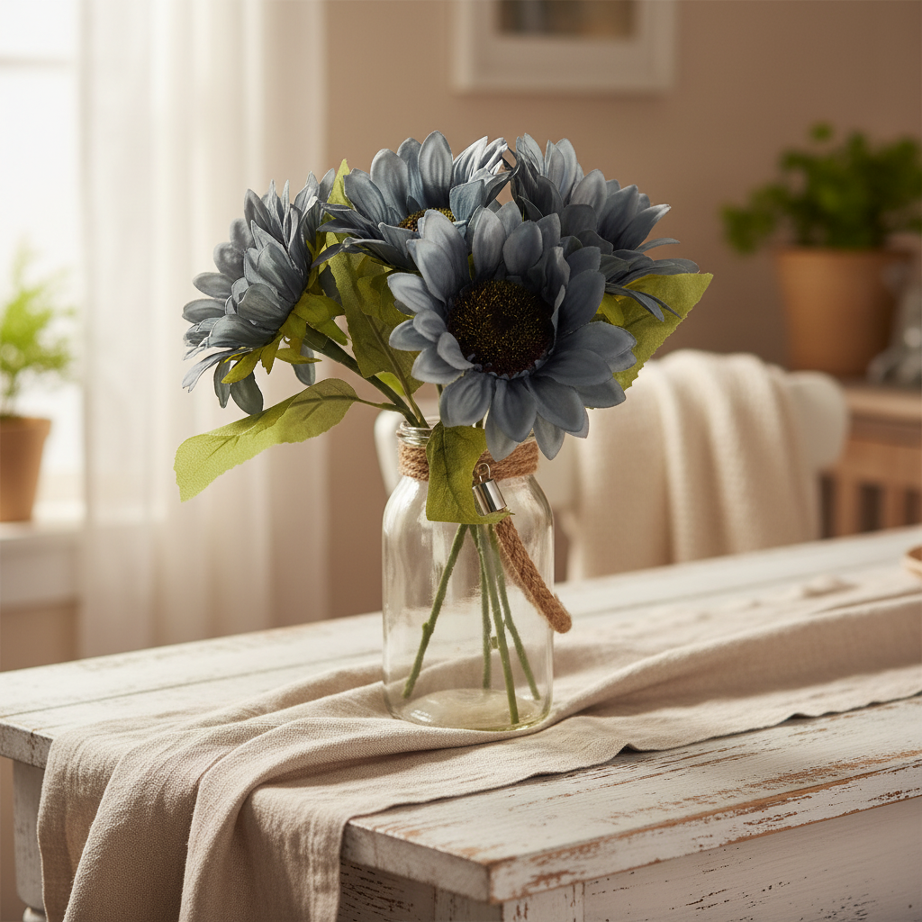 Dusty blue faux silk sunflower stems in rustic ceramic vase on white farmhouse table with linen tablecloth, cottagecore home décor styling with soft natural window light