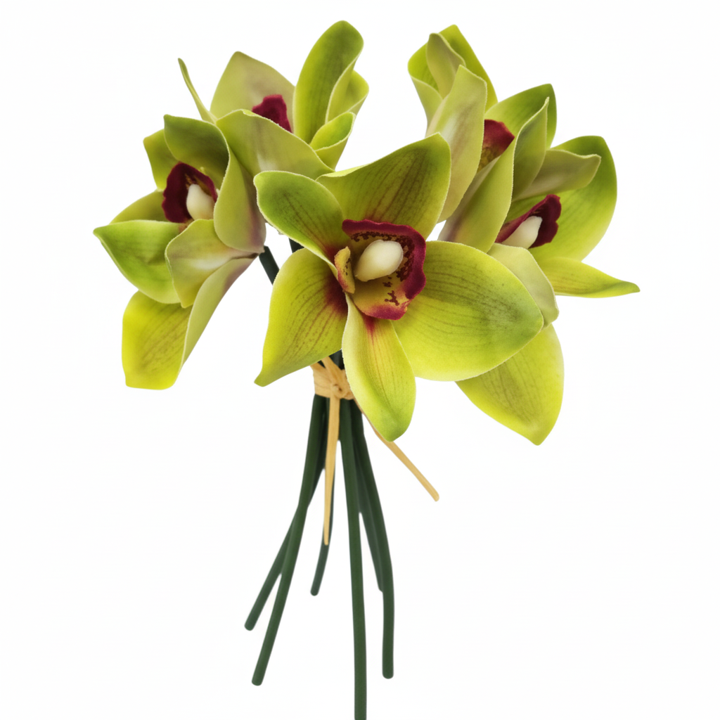 Set of 5 artificial green cymbidium orchid stems with green petals and burgundy centers on pure white background