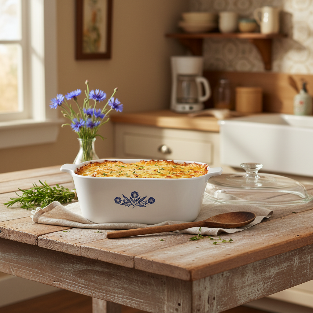 Vintage Corning Ware Blue Cornflower 2.5 qt casserole dish with lid on a rustic farmhouse kitchen table with fresh herbs and linen napkin