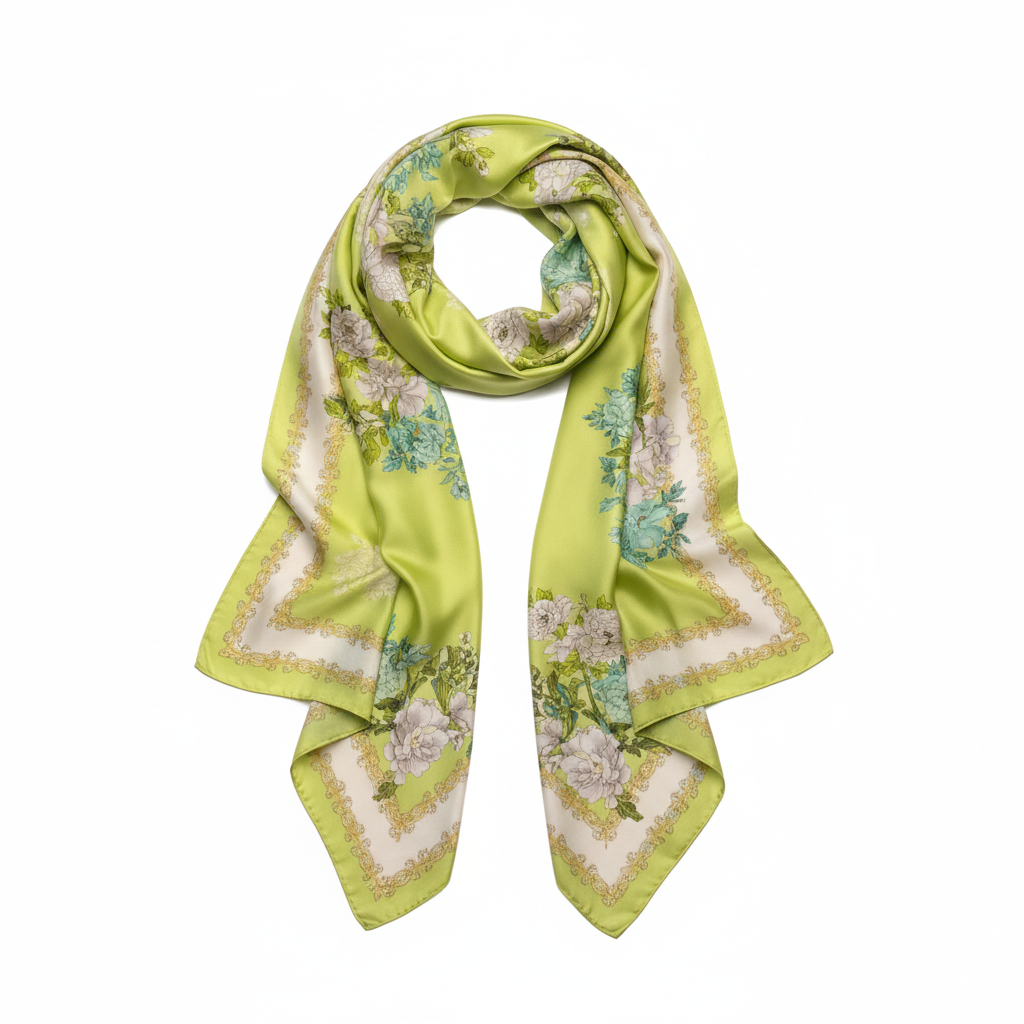 Green floral satin scarf 35x70 inches on white background, lightweight summer shawl wrap