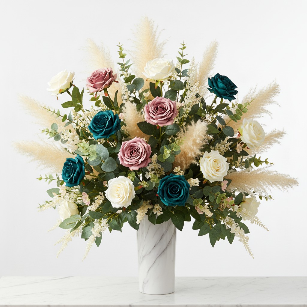 Luxury floral arrangement with dusty pink mauve dark teal and cream artificial roses pampas grass and eucalyptus in a marble vase