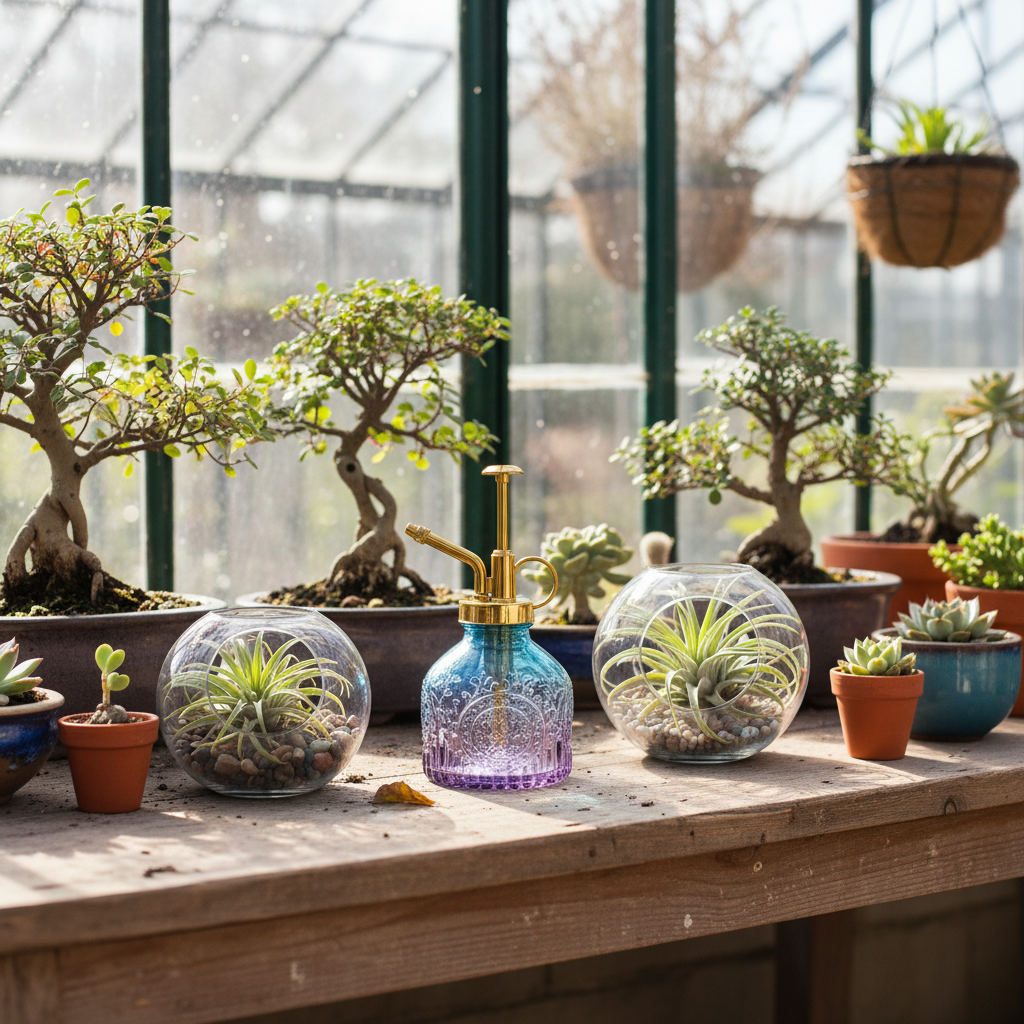 Blue purple gradient glass plant mister on vintage potting bench in greenhouse with bonsai trees, air plants in terrariums, and succulents