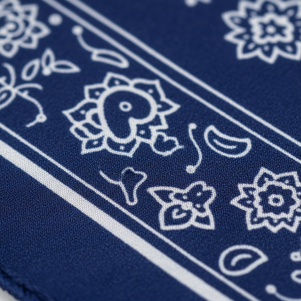 Close-up detail of navy blue and white paisley pattern on satin wild rag scarf