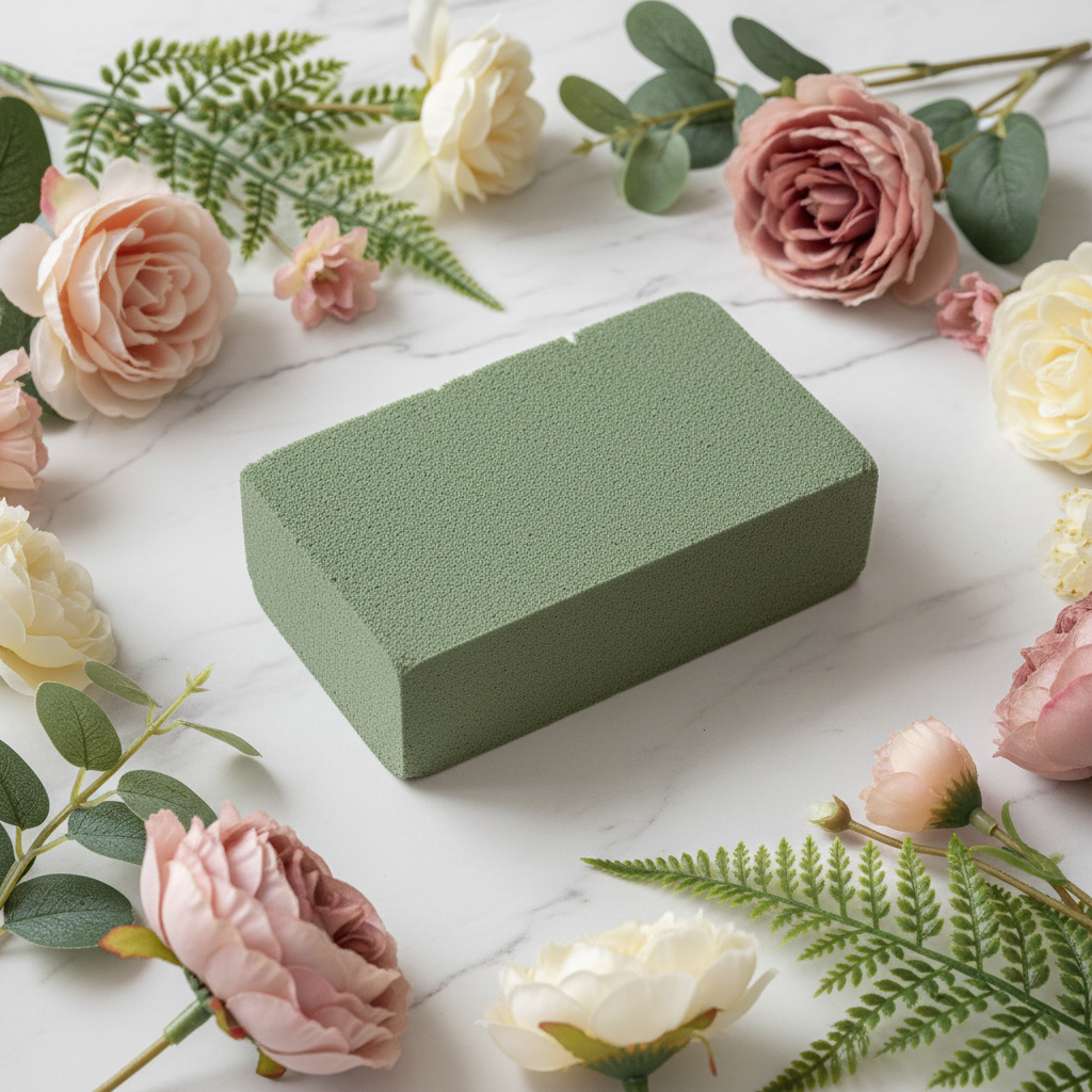 Single green dry floral foam brick on white marble surface surrounded by artificial silk flowers and faux greenery stems