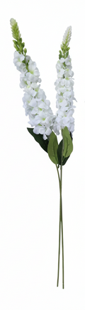 Two artificial white snapdragon stems on pure white background