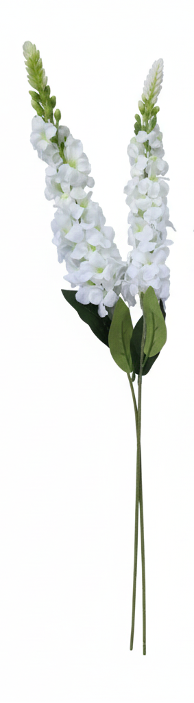 Two artificial white snapdragon stems on pure white background