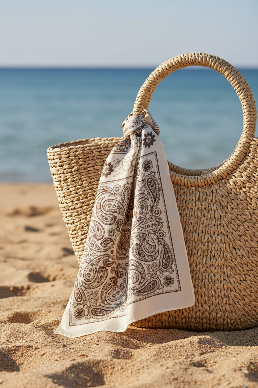 Cream and chocolate brown paisley bandana square scarf draped over natural straw beach bag on sandy beach with ocean in background