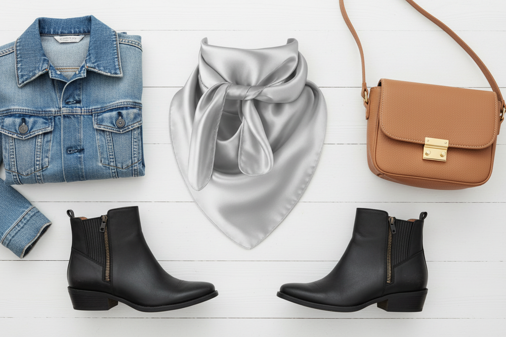 Silver gray wild rag with denim jacket, black leather boots, and crossbody purse, modern neutral styling
