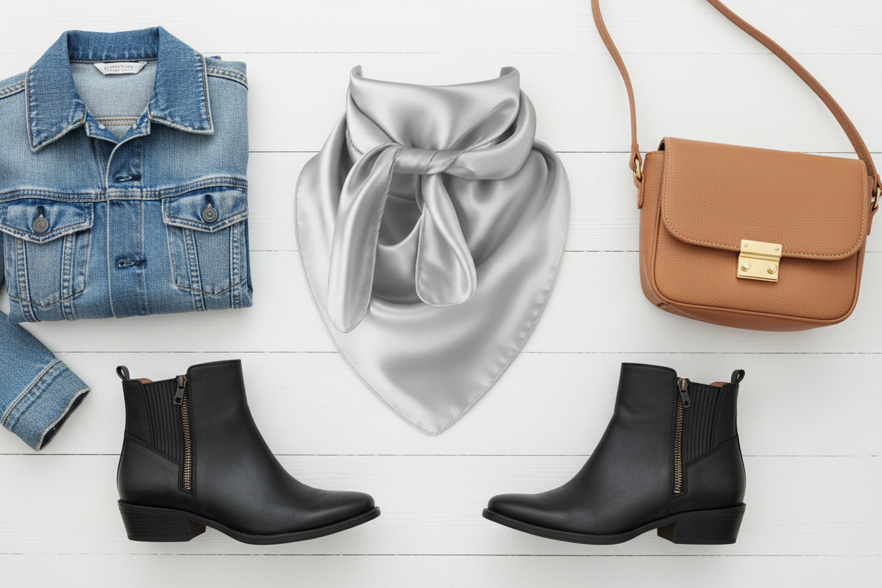 Silver gray wild rag with denim jacket, black leather boots, and crossbody purse, modern neutral styling
