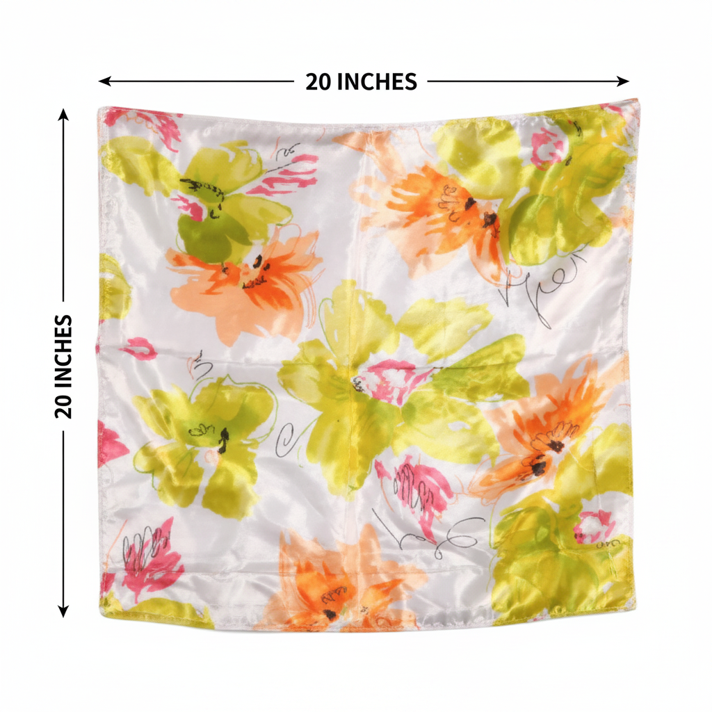 Flat lay size diagram of green orange pink watercolor floral satin square scarf showing 20 x 20 inch measurements with annotation arrows on a white background