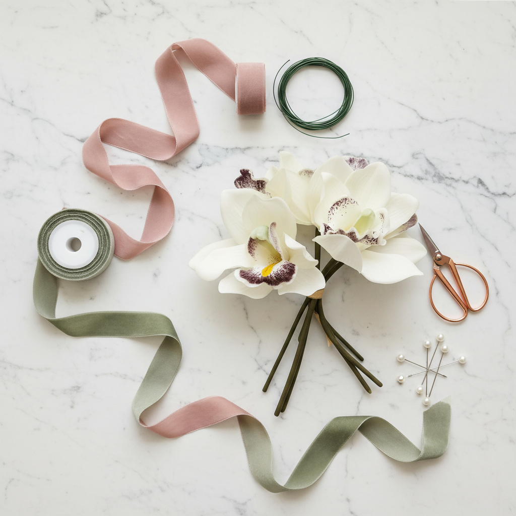DIY wedding floral workspace with ivory Cymbidium orchid stems, ribbon, floral wire, and pearl pins on marble surface