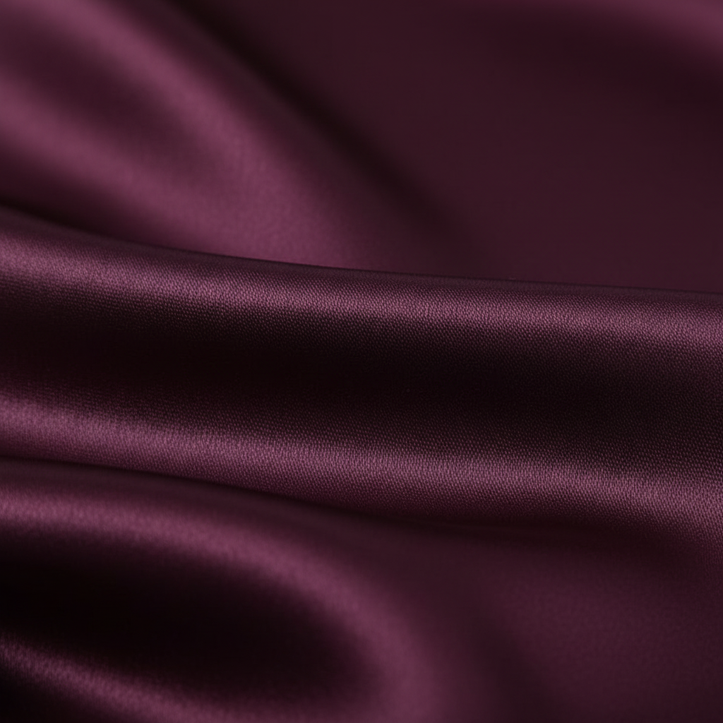 Close-up of eggplant purple satin fabric showing smooth silky texture and luxurious sheen detail