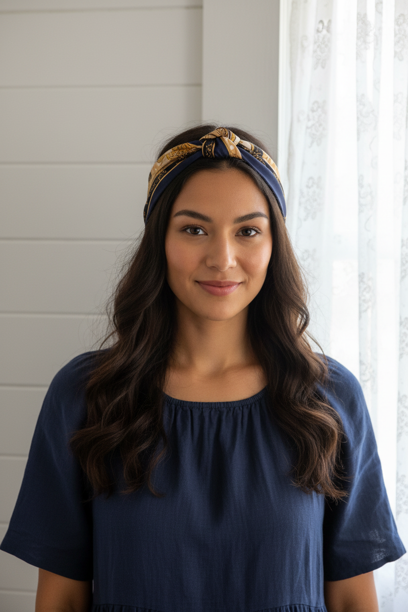 Woman wearing navy gold equestrian horse medallion satin square scarf as cottagecore headband with white shiplap wall background