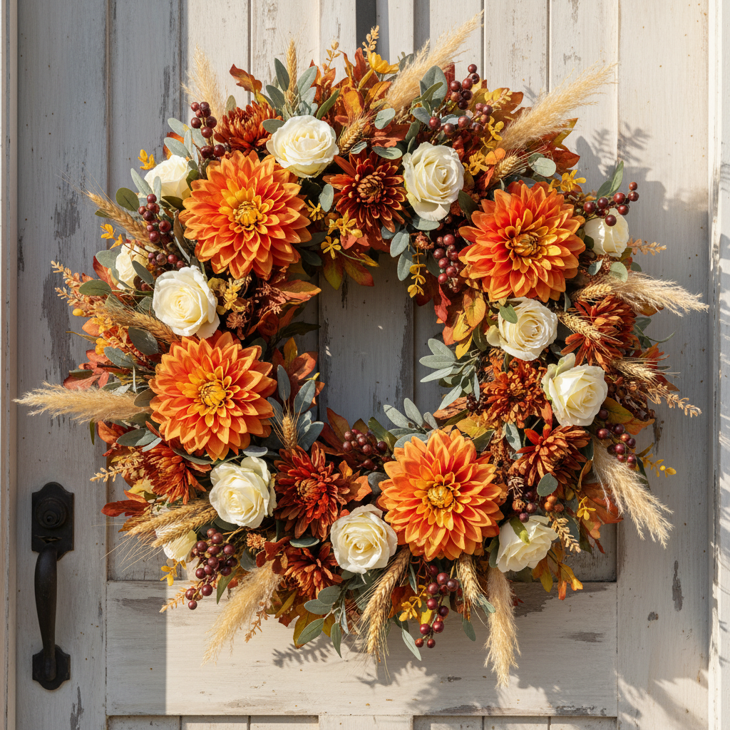 Autumn wreath with orange dahlia blooms, cream roses, burgundy berries and pampas grass on rustic farmhouse door