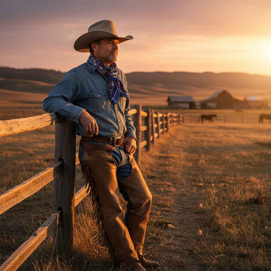 Cowboy wearing navy blue paisley satin wild rag scarf tied at the neck standing by a ranch fence at sunset