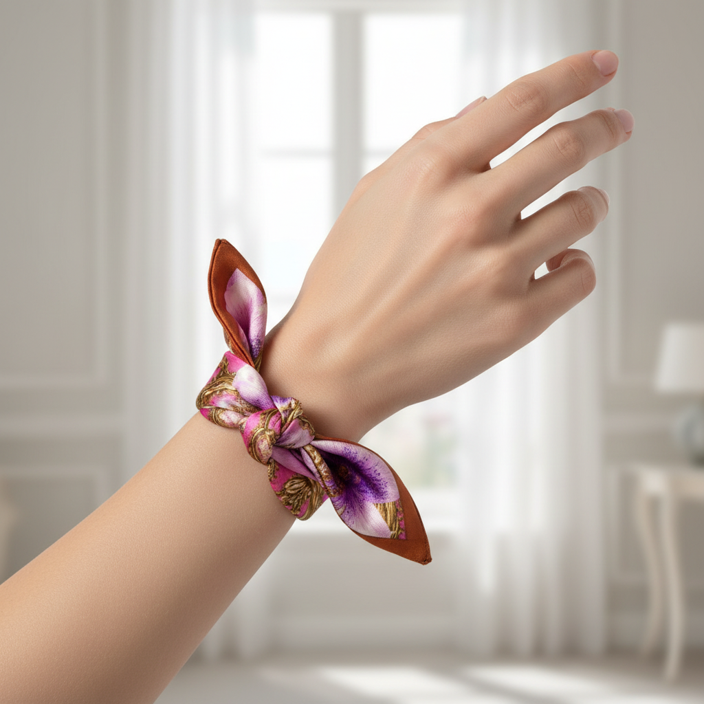 Pink Orchid Baroque Satin Scarf Wrapped as Wrist Wrap Bracelet 20x20 Square Scarf