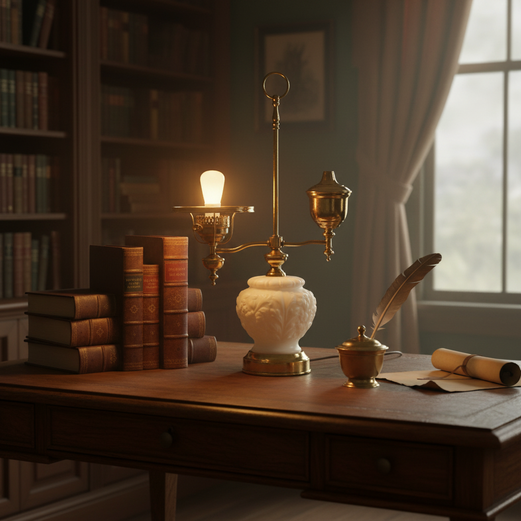 Vintage Victorian student lamp on antique wooden writing desk in study with leather-bound books creating cozy scholarly atmosphere