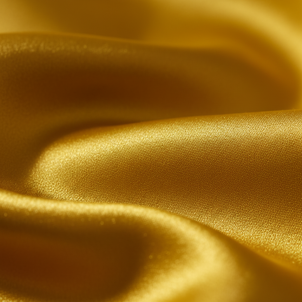Close-up of golden yellow satin fabric showing smooth silky texture and luxurious sheen detail