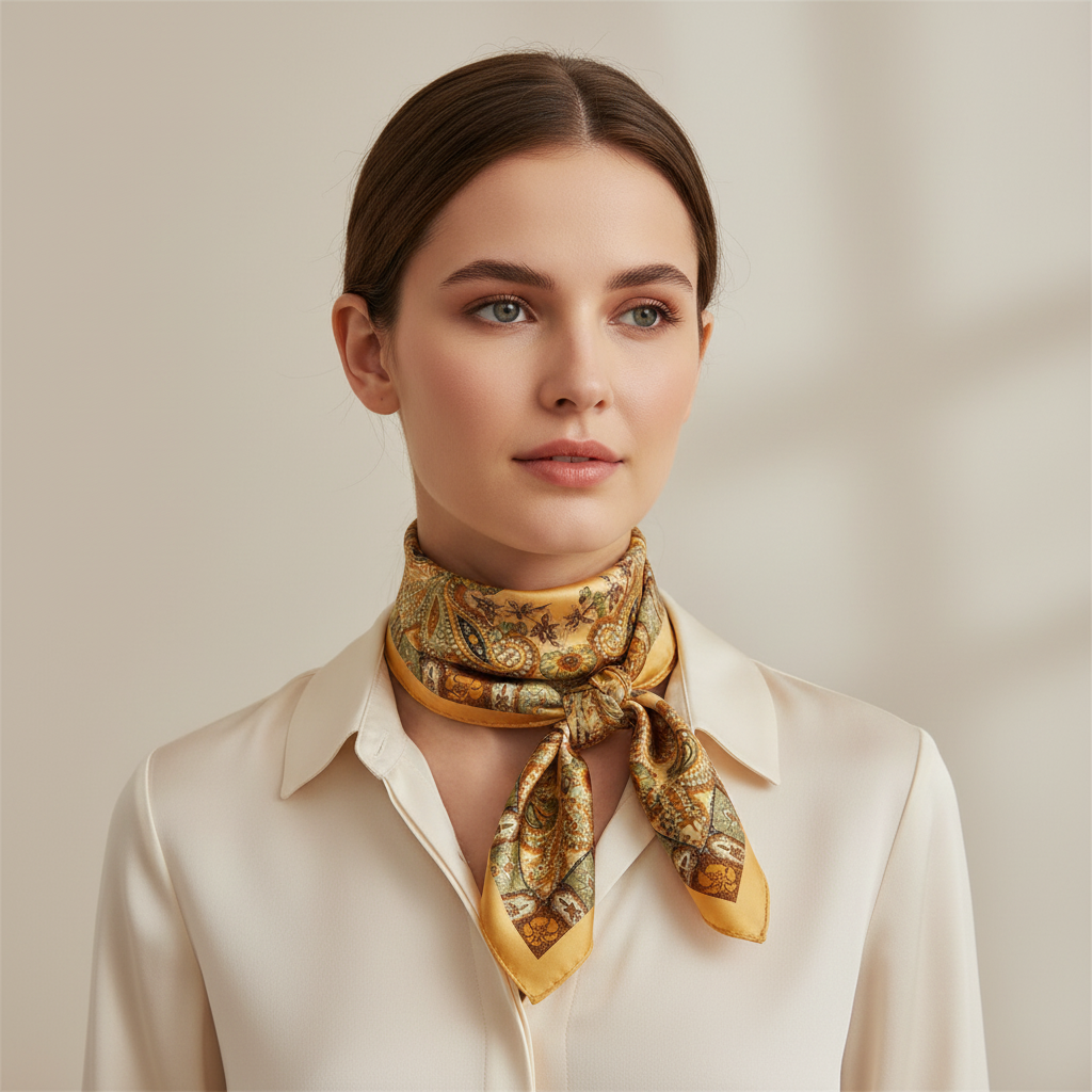 Woman wearing golden honey gold sage green paisley floral satin scarf tied as a classic neck scarf – elegant boho designer-inspired styling