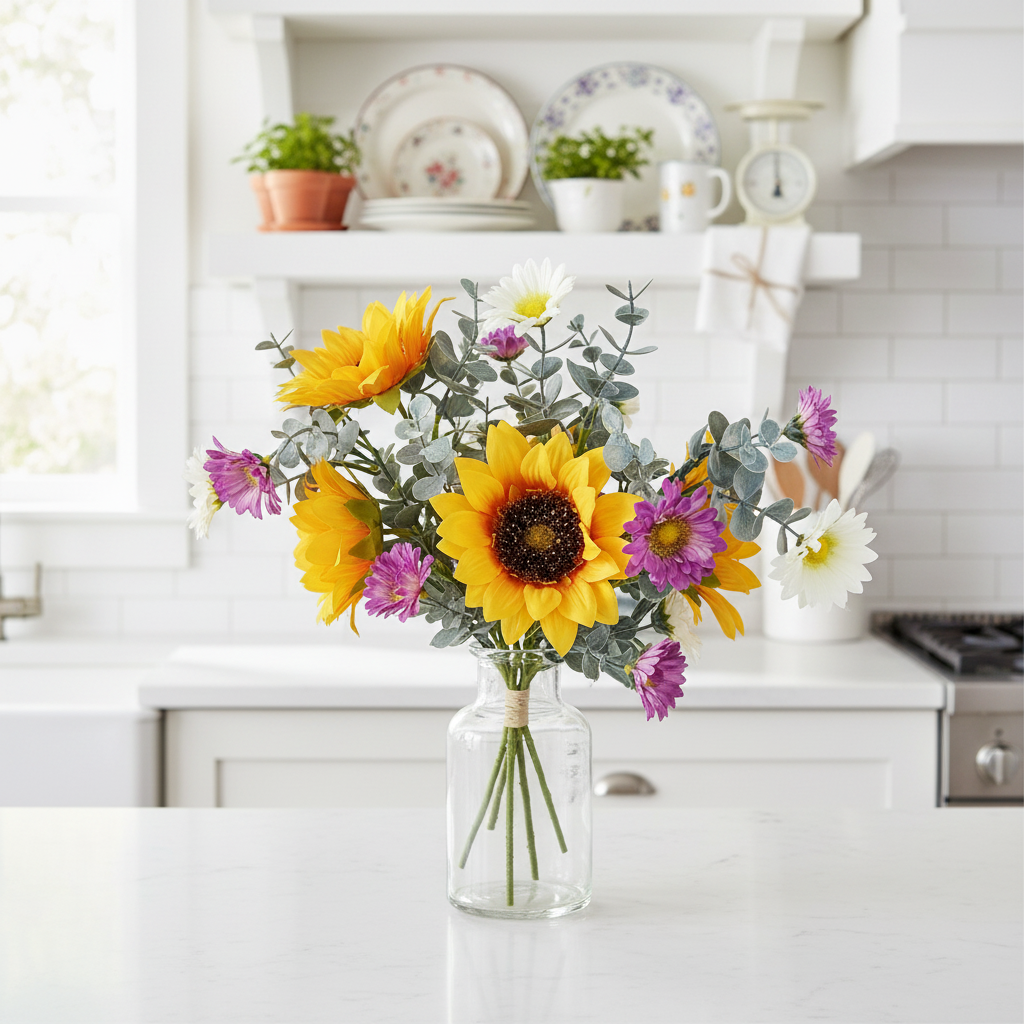 Sunflower wildflower arrangement in glass vase white farmhouse kitchen counter subway tile open shelving country home
