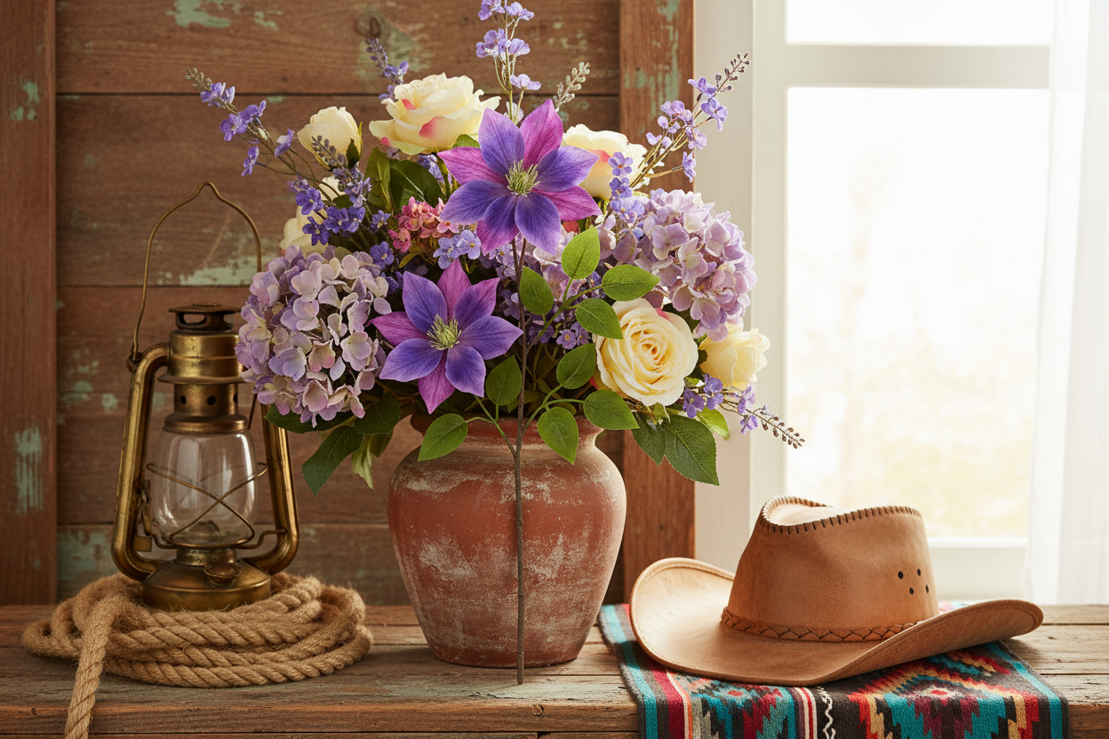 Rich purple and magenta clematis faux flower stems in a rustic terracotta vase with western wildflower styling, weathered wood surface, rope coil, vintage lantern and cowboy hat accents