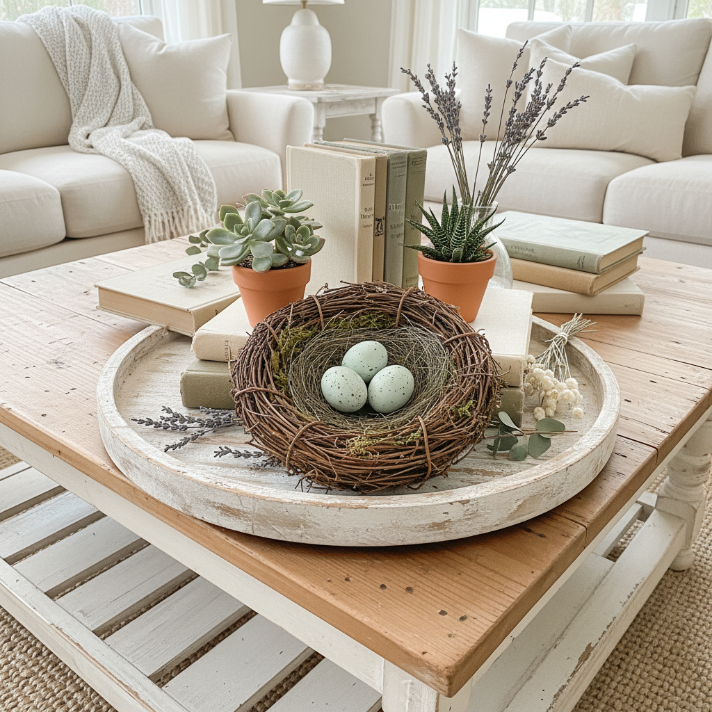 Rustic twig nest with eggs 6 inch farmhouse coffee table spring decor vignette