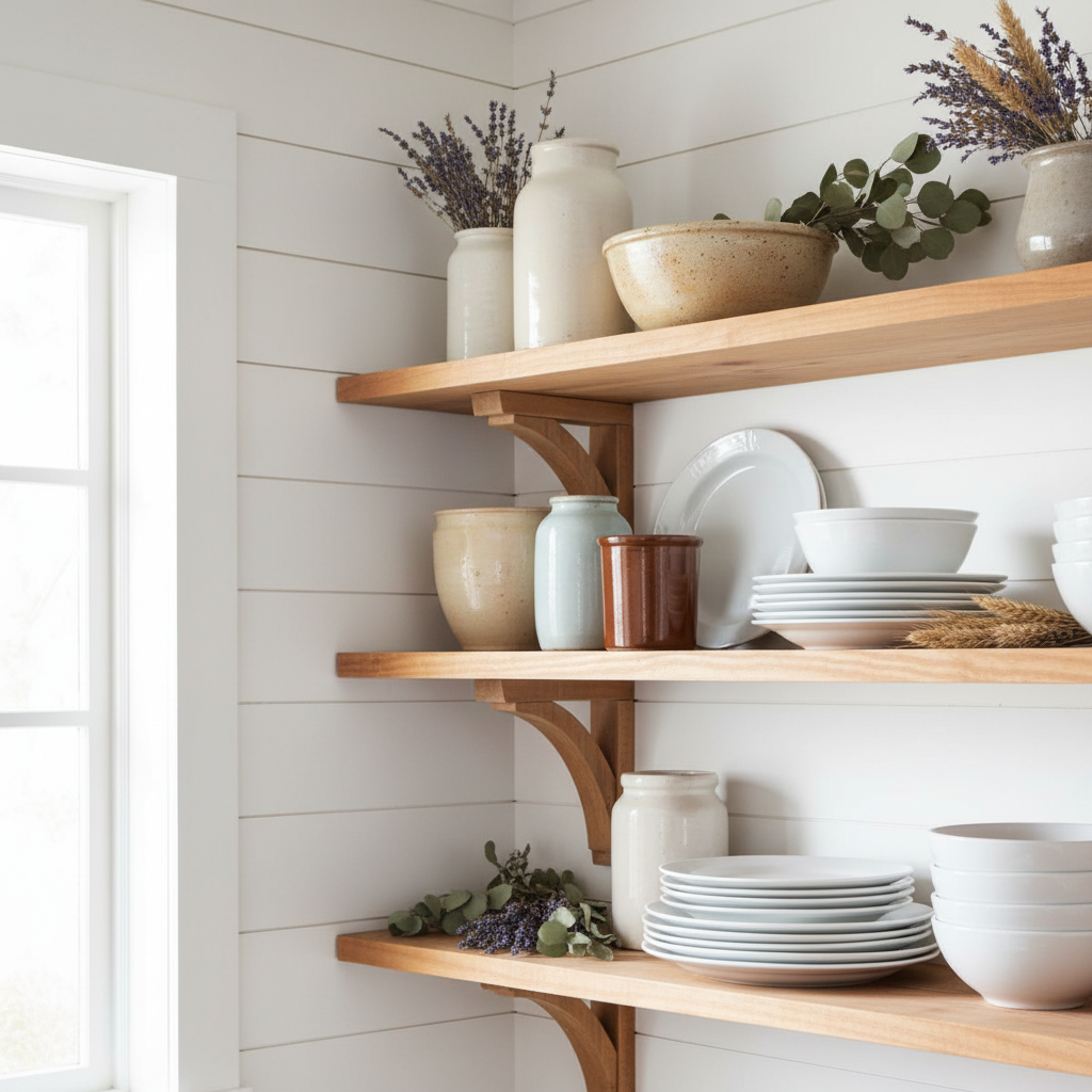 Compact vintage Hall pottery crock styled on open wooden shelving with larger vintage pottery and white ironstone in farmhouse kitchen