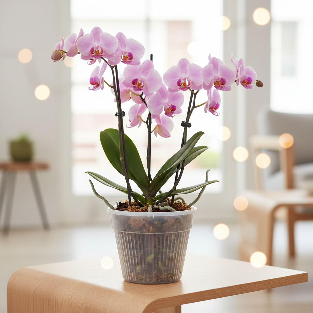 Clear 6 inch slotted orchid pot with open air slits holding a pink phalaenopsis orchid on a modern living room side table