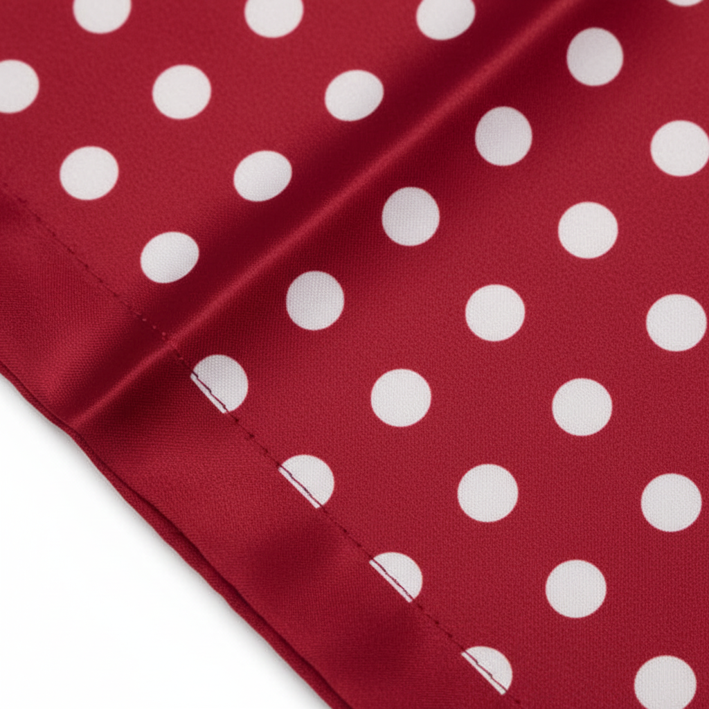 Close-up of bottom-right panel of red patchwork bandana scarf showing large white polka dots on rich red satin