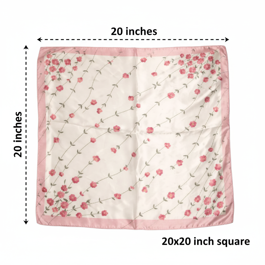 Pink floral satin scarf measurement diagram showing 20x20 inch dimensions